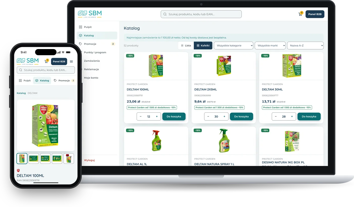 Katalog B2B panelu na notebooku a telefonu: produkty s cenou bez DPH a tlačítkem Do košíku